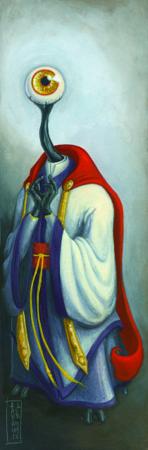 A humanoid green figure stands wearing white and blue robes with a red cape; it's hands are held together in front of its chest; it has long thin neck leading up to a "head" which is just a big singular eyeball